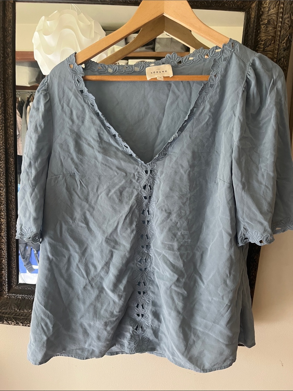Sezane Dusty Blue V-Neck Floral-Trim Blouse
